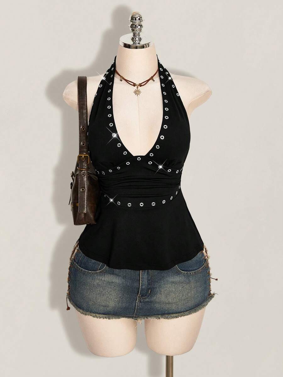 Women's backless halter babydoll tank top featuring a square neckline, slim fit silhouette, and a flared ruffle hem.