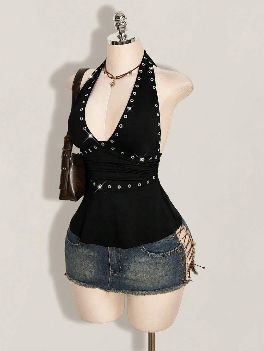 Women's backless halter babydoll tank top featuring a square neckline, slim fit silhouette, and a flared ruffle hem.