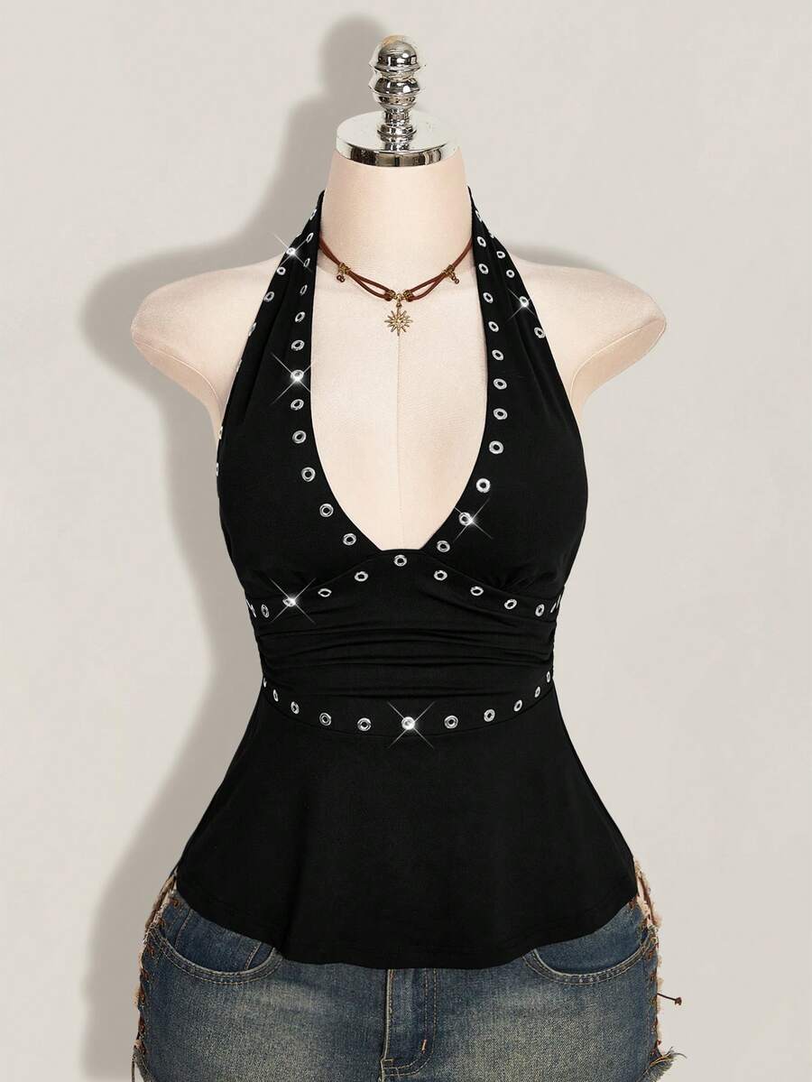 Women's backless halter babydoll tank top featuring a square neckline, slim fit silhouette, and a flared ruffle hem.