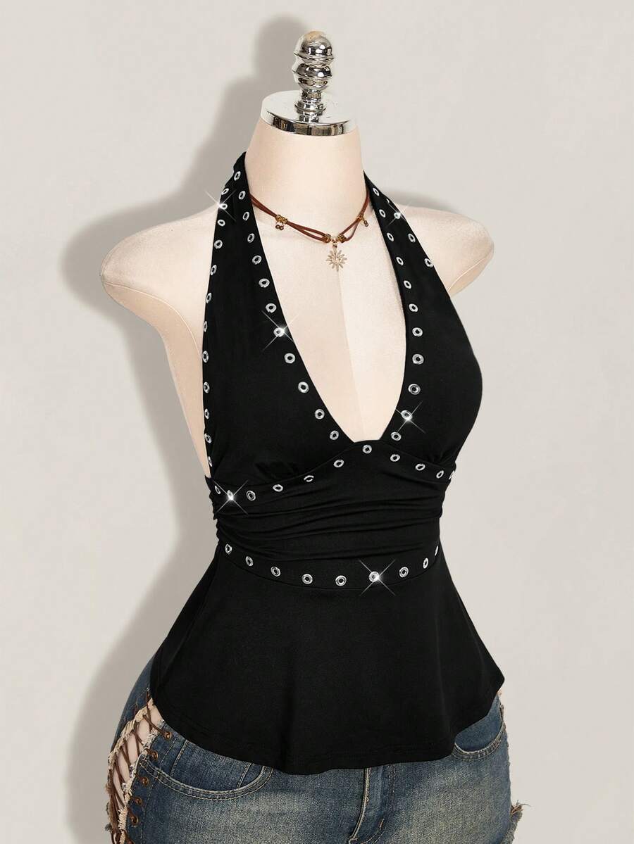 Women's backless halter babydoll tank top featuring a square neckline, slim fit silhouette, and a flared ruffle hem.