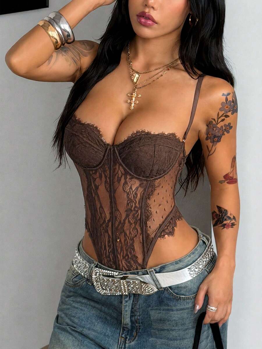 Fitted women's lace and mesh cami bodysuit with spaghetti straps.
