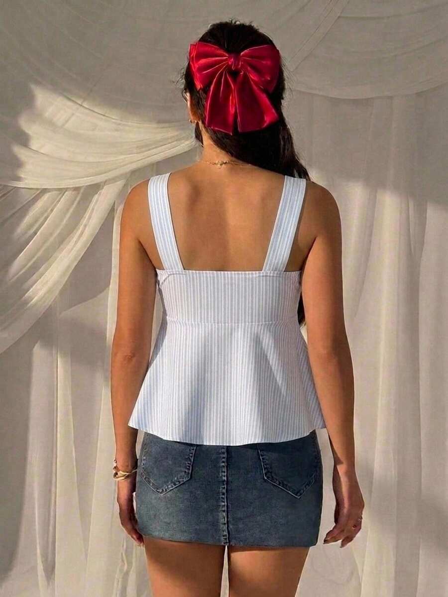 Women's striped camisole tank top with strap neckline, backless knot detail, cold shoulder styling, slim fit, and flared hem for casual vacation or daily wear.
