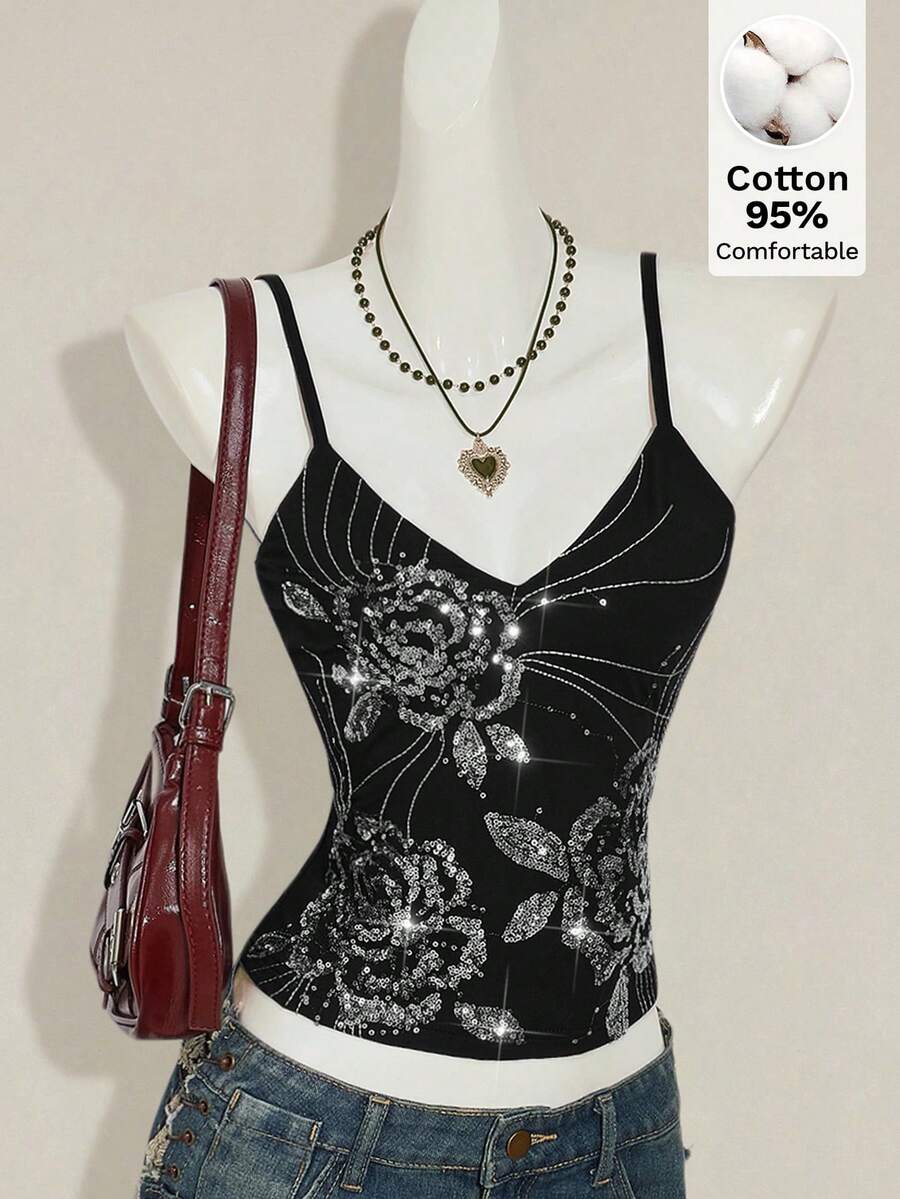 Women's floral embroidered sequin camisole top with thin spaghetti straps and a slim fit design.