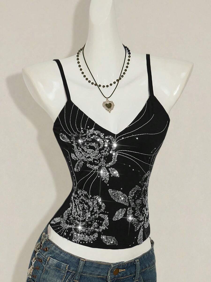 Women's floral embroidered sequin camisole top with thin spaghetti straps and a slim fit design.