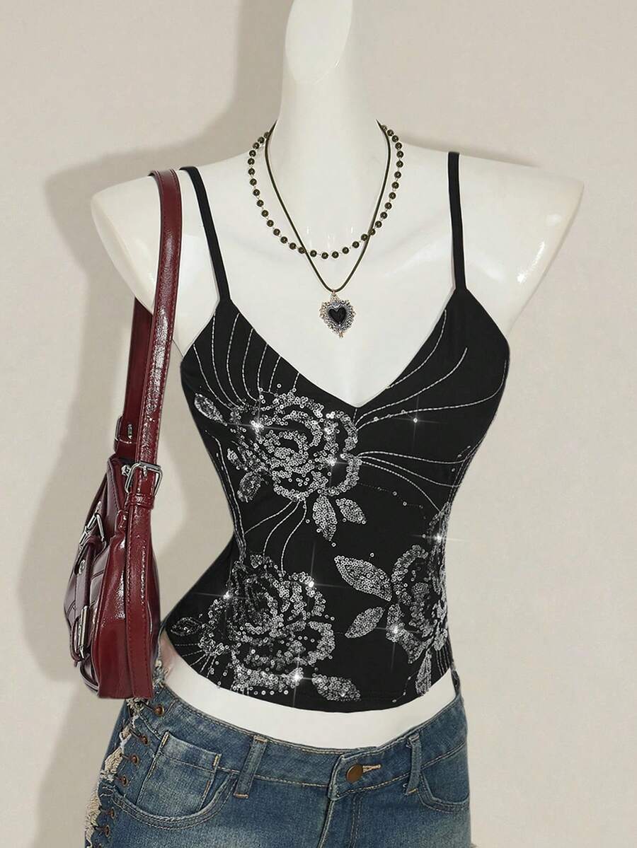 Women's floral embroidered sequin camisole top with thin spaghetti straps and a slim fit design.