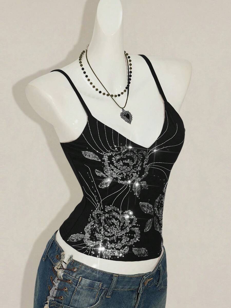 Women's floral embroidered sequin camisole top with thin spaghetti straps and a slim fit design.