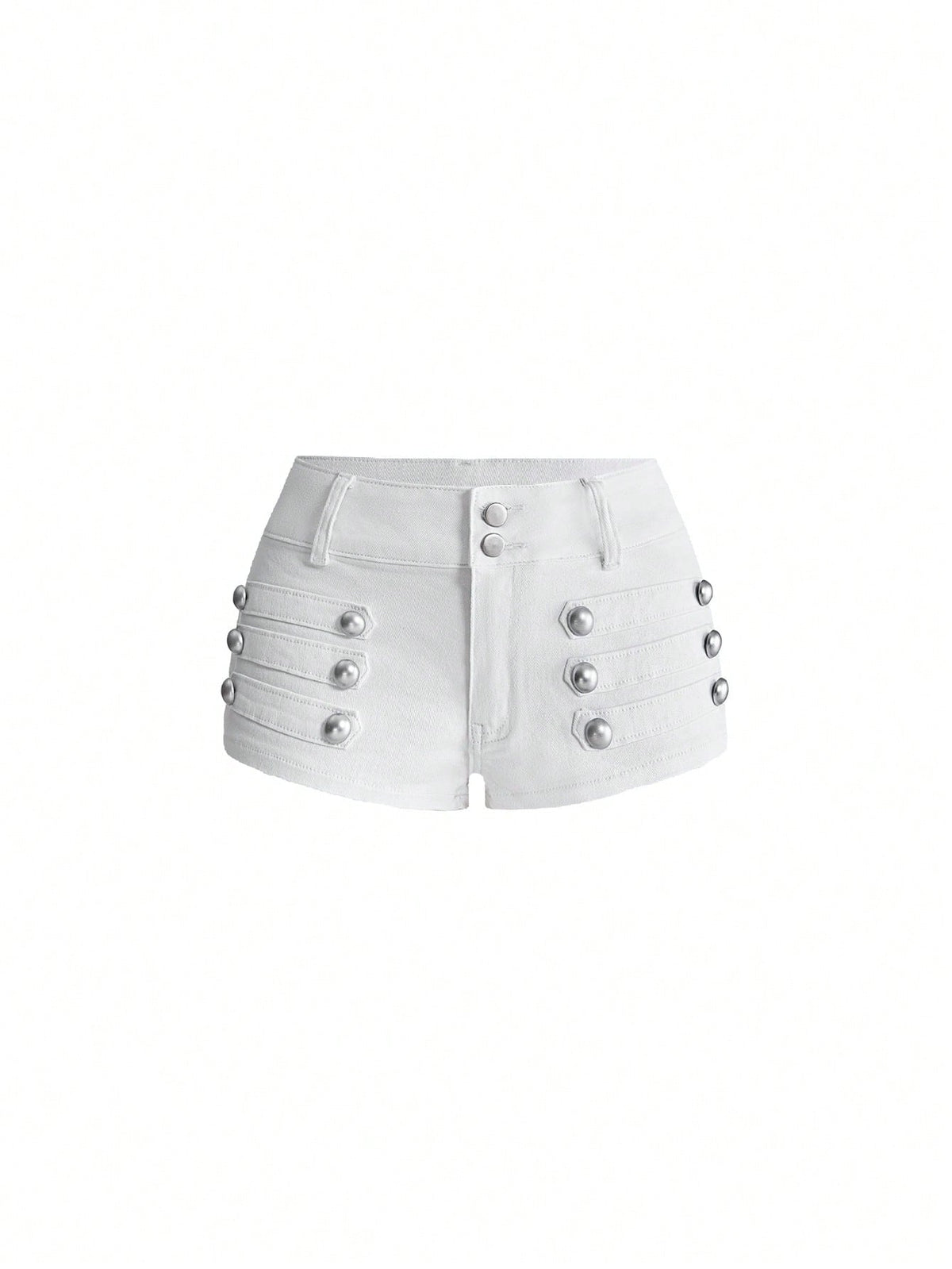 Front view of women's ultra low waist denim mini shorts with double metal button accents and zipper fly