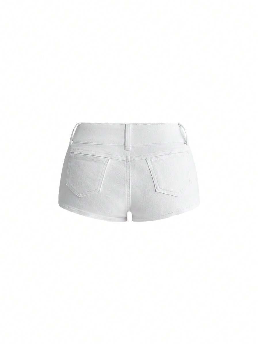 Front view of women's ultra low waist denim mini shorts with double metal button accents and zipper fly