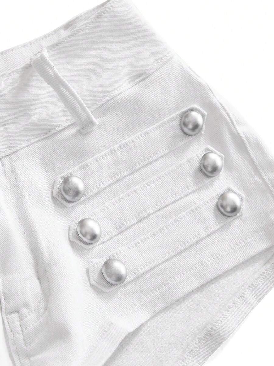 Front view of women's ultra low waist denim mini shorts with double metal button accents and zipper fly
