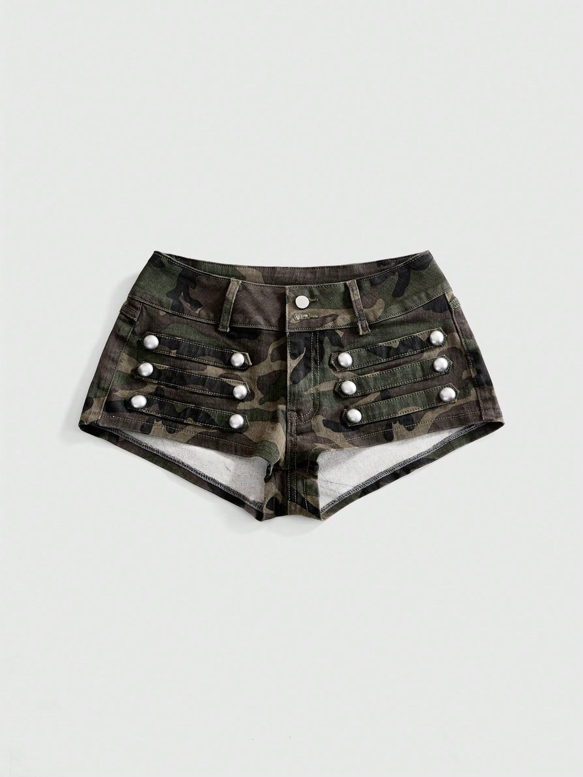 Front view of women's ultra low waist denim mini shorts with double metal button accents and zipper fly
