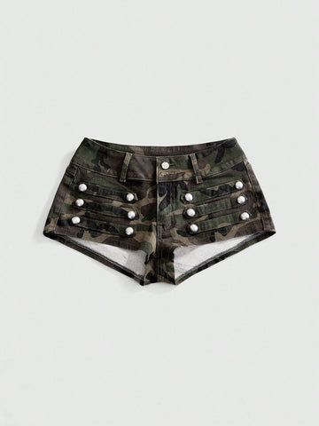 Front view of women's ultra low waist denim mini shorts with double metal button accents and zipper fly