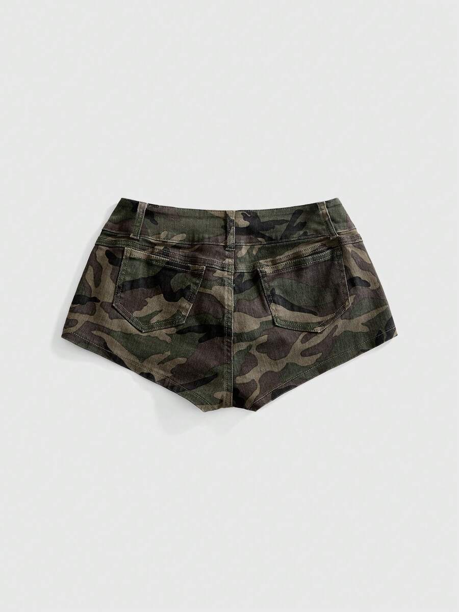 Front view of women's ultra low waist denim mini shorts with double metal button accents and zipper fly