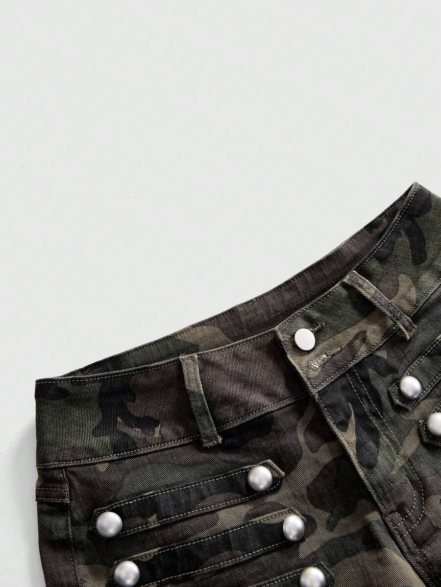 Front view of women's ultra low waist denim mini shorts with double metal button accents and zipper fly