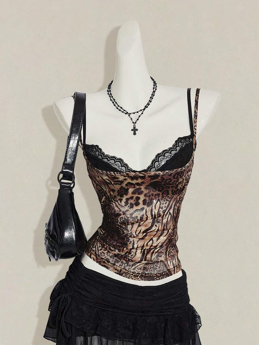 Women's grey leopard print spaghetti strap cami with black contrast lace trim and slim fit design