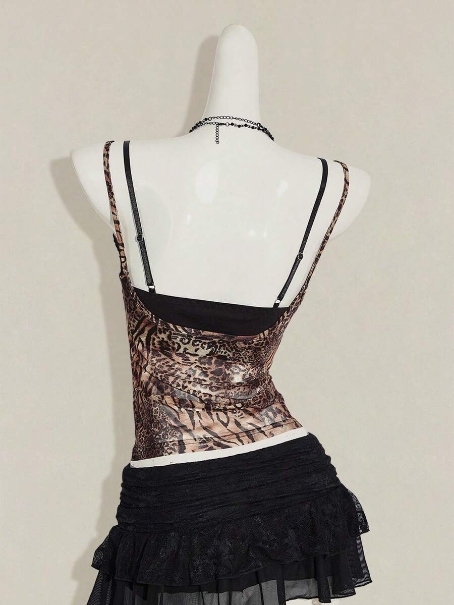 Women's grey leopard print spaghetti strap cami with black contrast lace trim and slim fit design
