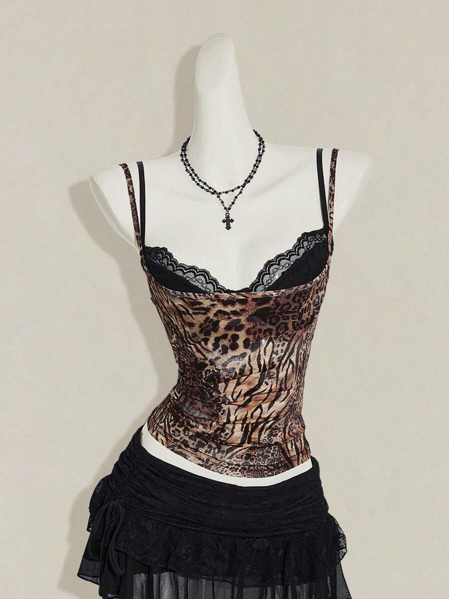 Women's grey leopard print spaghetti strap cami with black contrast lace trim and slim fit design