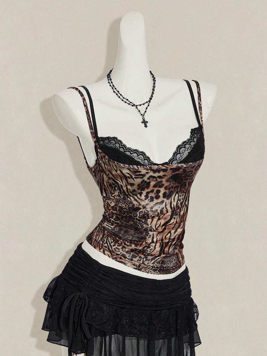 Women's grey leopard print spaghetti strap cami with black contrast lace trim and slim fit design