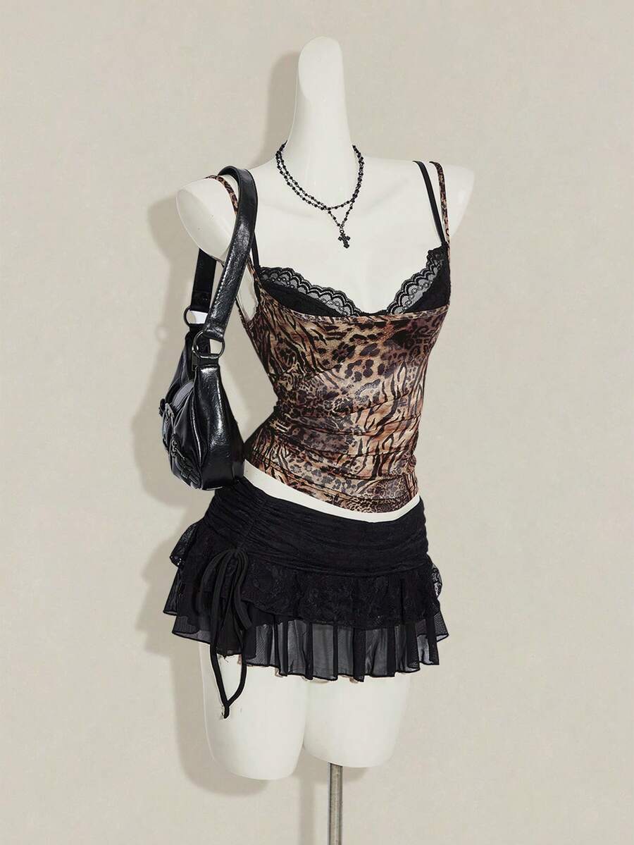 Women's grey leopard print spaghetti strap cami with black contrast lace trim and slim fit design