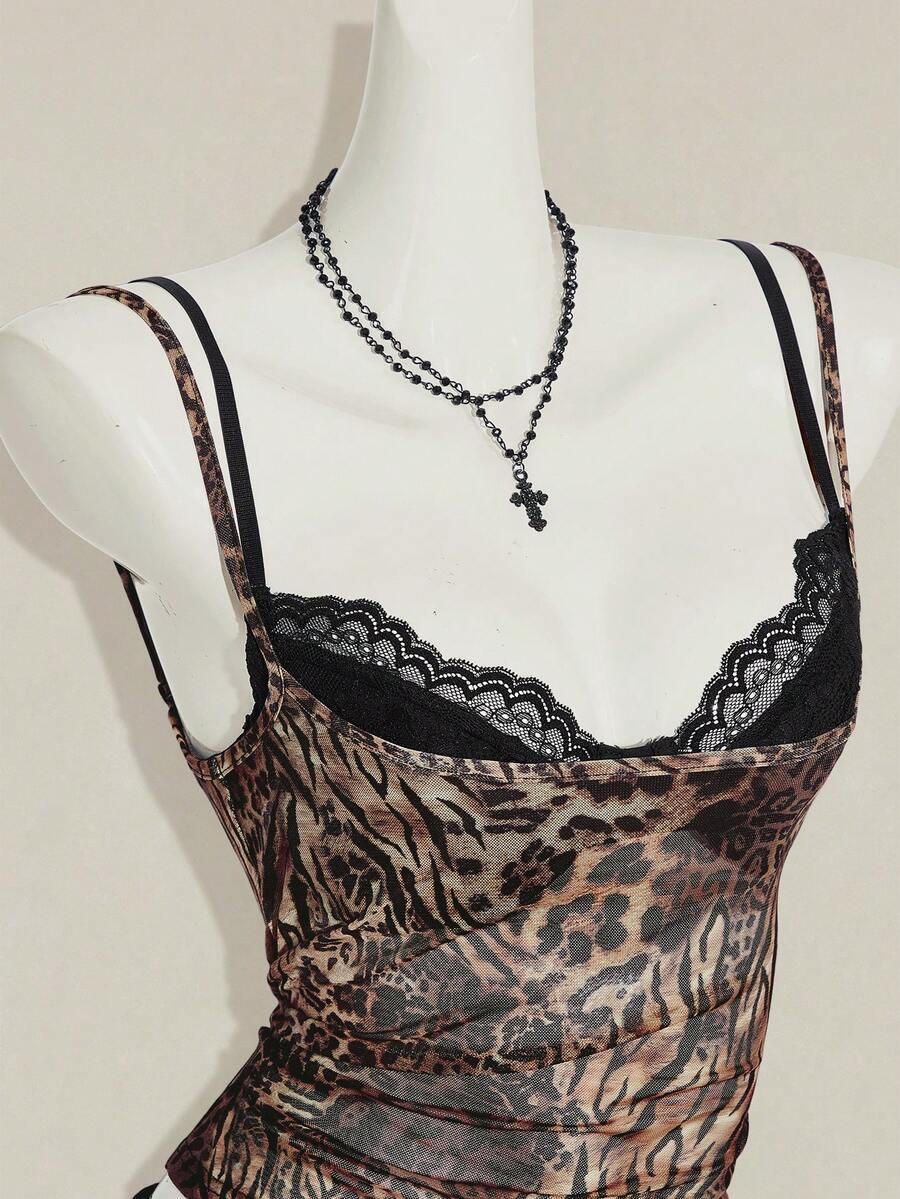Women's grey leopard print spaghetti strap cami with black contrast lace trim and slim fit design