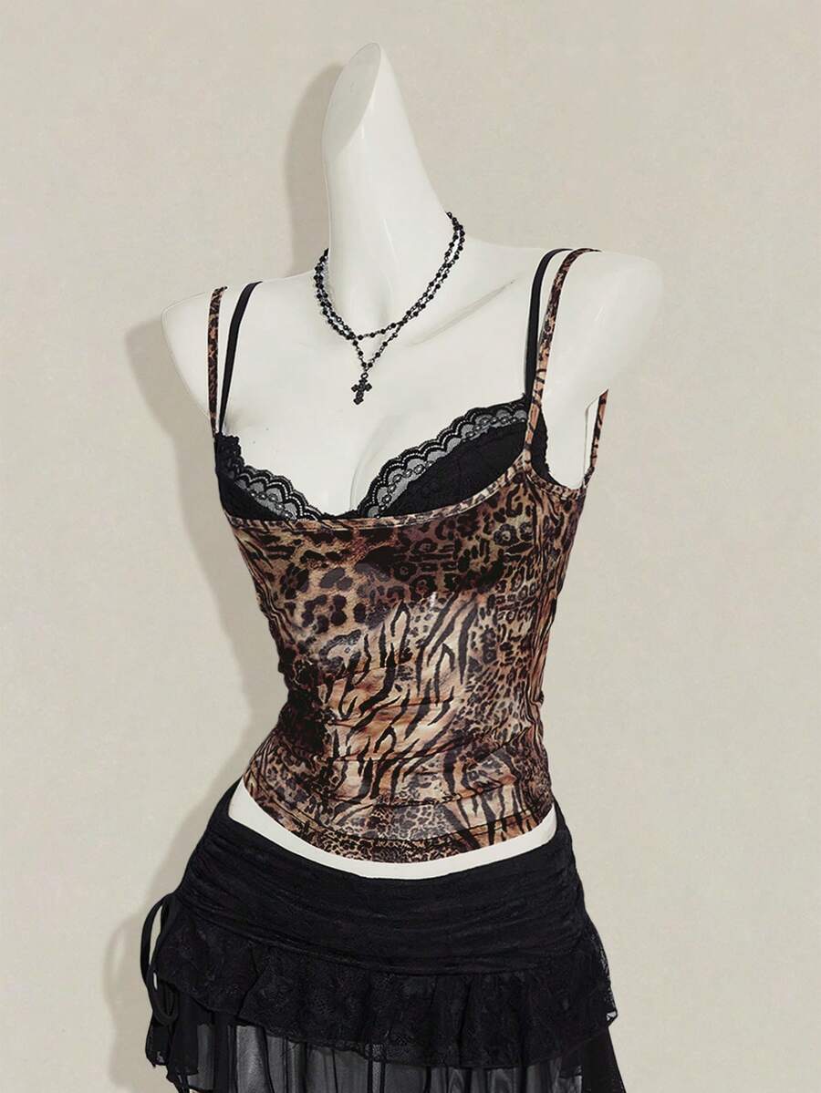 Women's grey leopard print spaghetti strap cami with black contrast lace trim and slim fit design