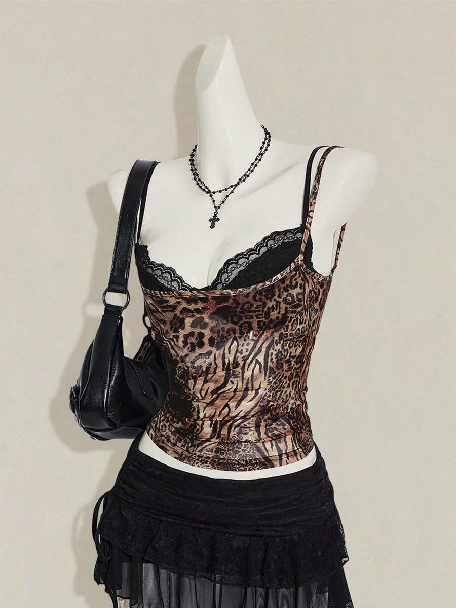 Women's grey leopard print spaghetti strap cami with black contrast lace trim and slim fit design