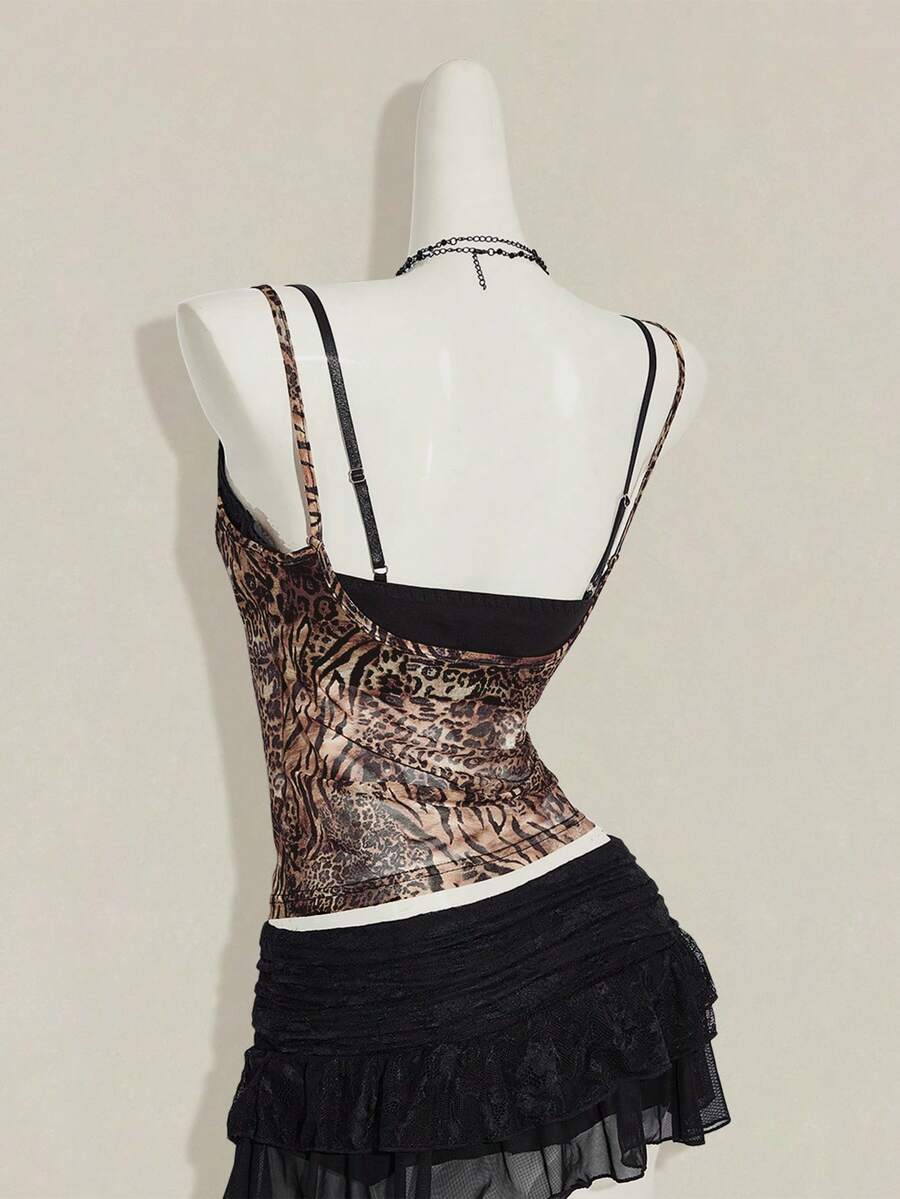 Women's grey leopard print spaghetti strap cami with black contrast lace trim and slim fit design