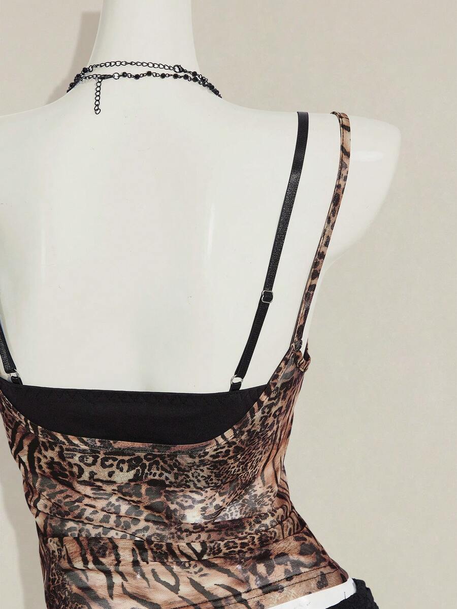 Women's grey leopard print spaghetti strap cami with black contrast lace trim and slim fit design