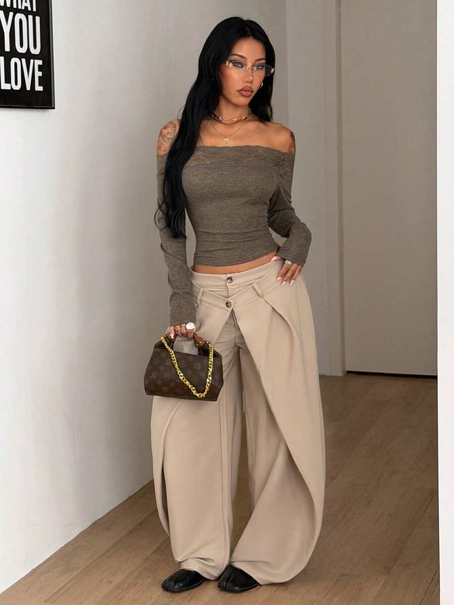 Women's slim fit off the shoulder long sleeve knitted top featuring contrast lace trim and ruched accents.