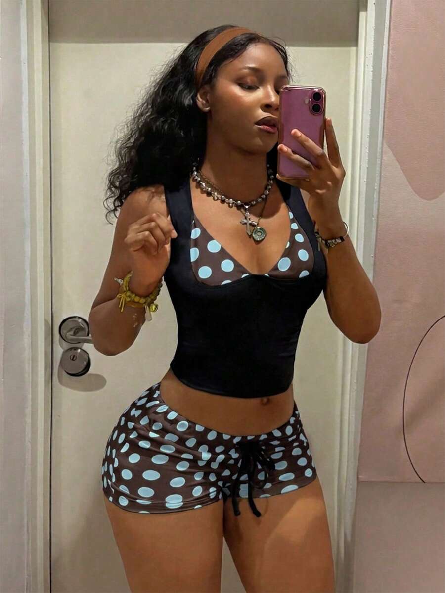 Women's polka dot patchwork 2-in-1 halter camisole and shorts 2-piece set in multicolor featuring drawstring and knot details.