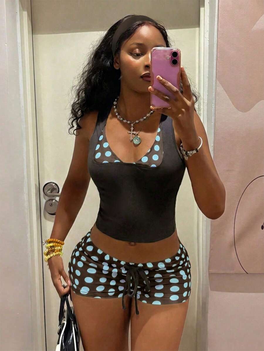 Women's polka dot patchwork 2-in-1 halter camisole and shorts 2-piece set in multicolor featuring drawstring and knot details.