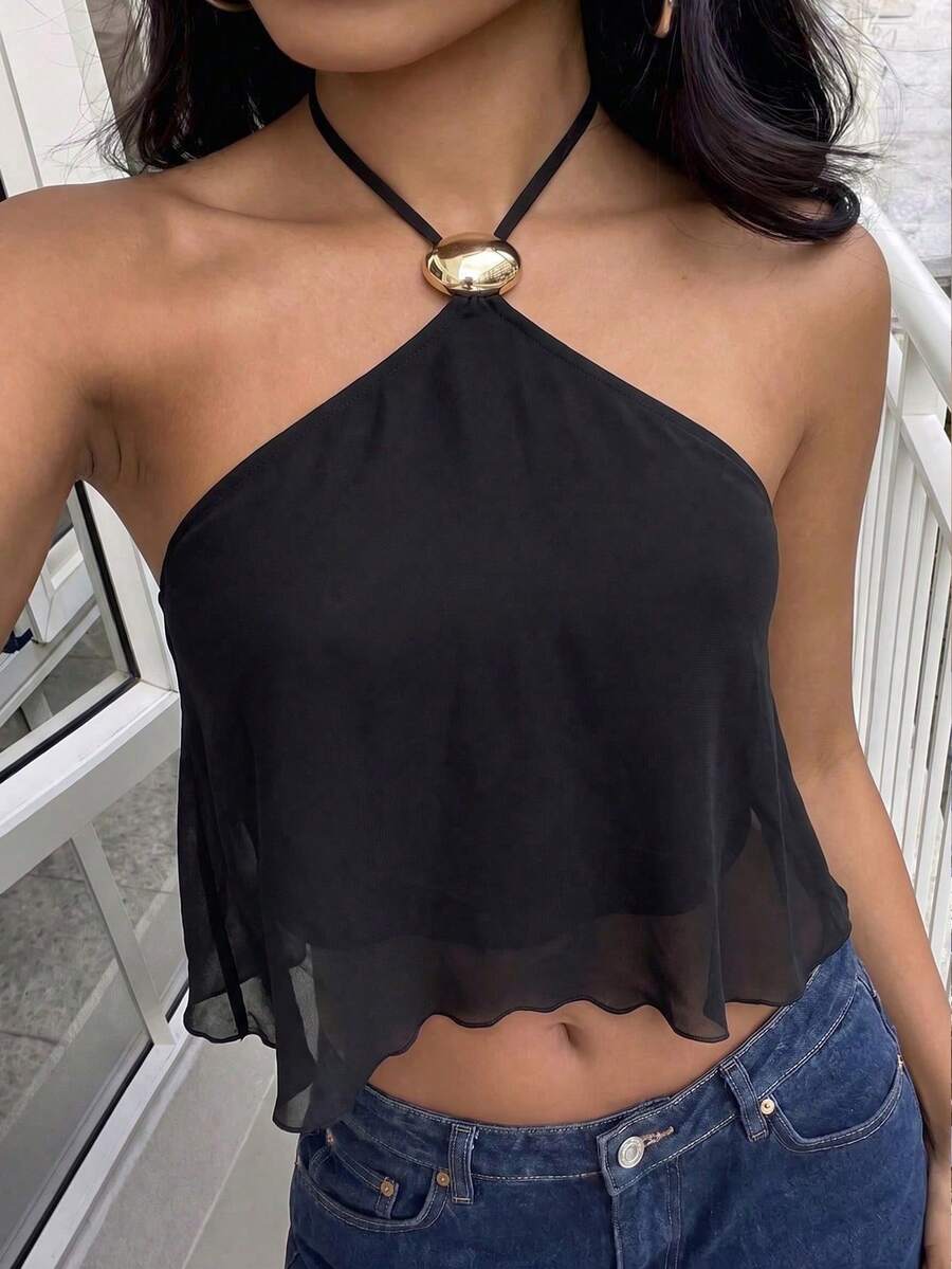 FavEase women's black chiffon halter crop tank top with contrast mesh detail, asymmetrical hem, regular fit, and semi-sheer finish