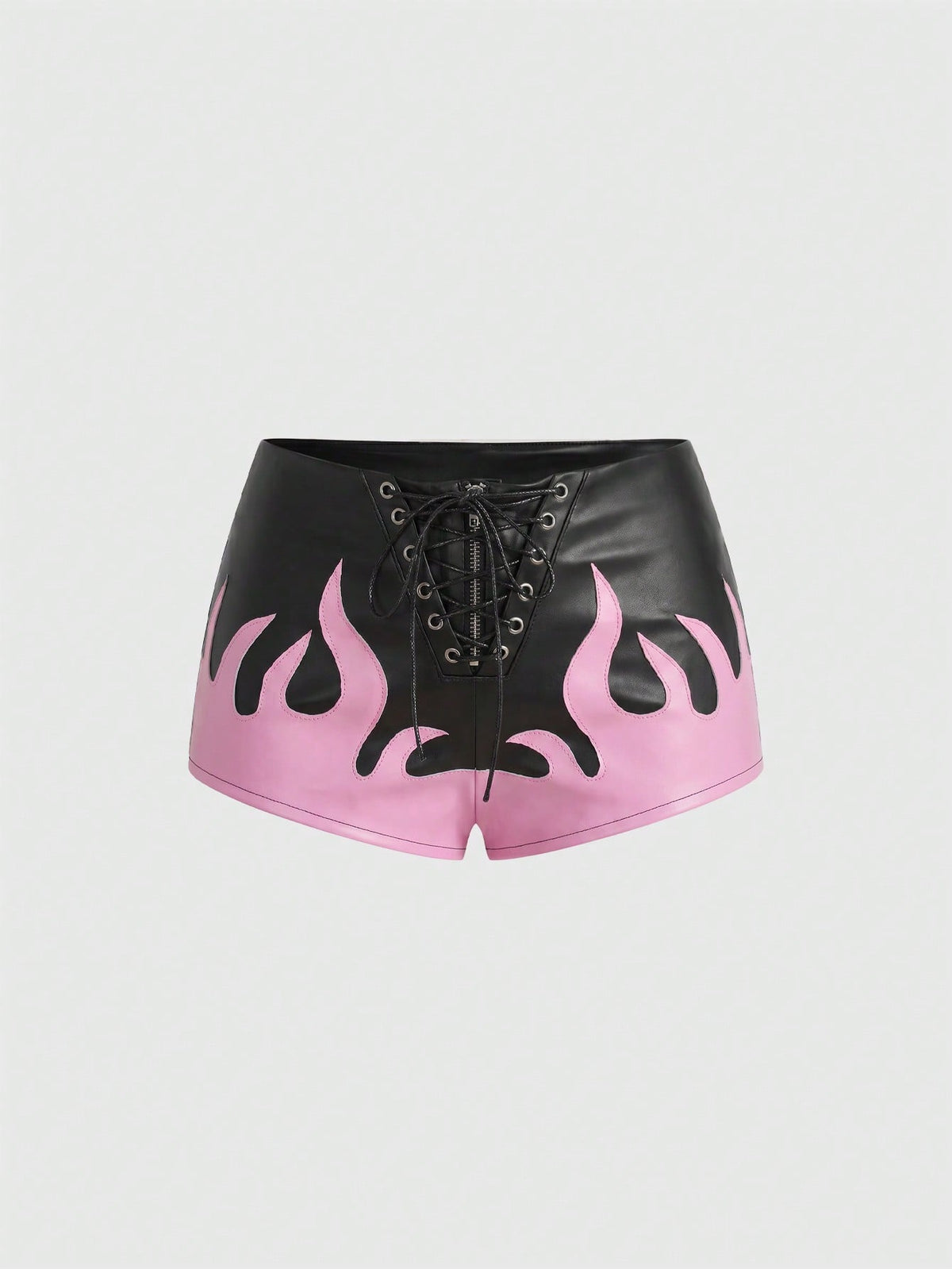 Punk ultra low waist skinny PU mini shorts with flame embroidery, rhinestone details, zipper fly closure, and a graphic Halloween-inspired festival style.