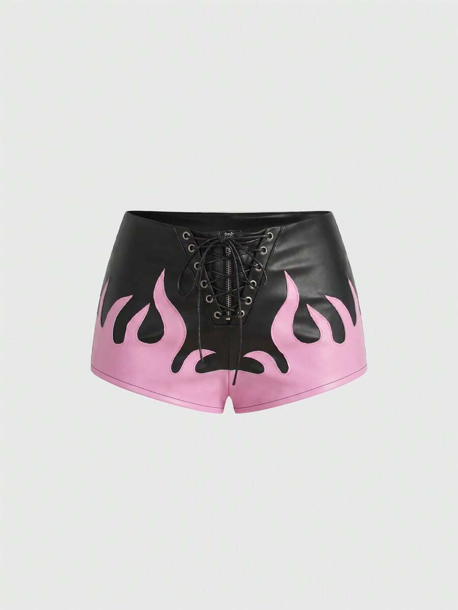 Punk ultra low waist skinny PU mini shorts with flame embroidery, rhinestone details, zipper fly closure, and a graphic Halloween-inspired festival style.