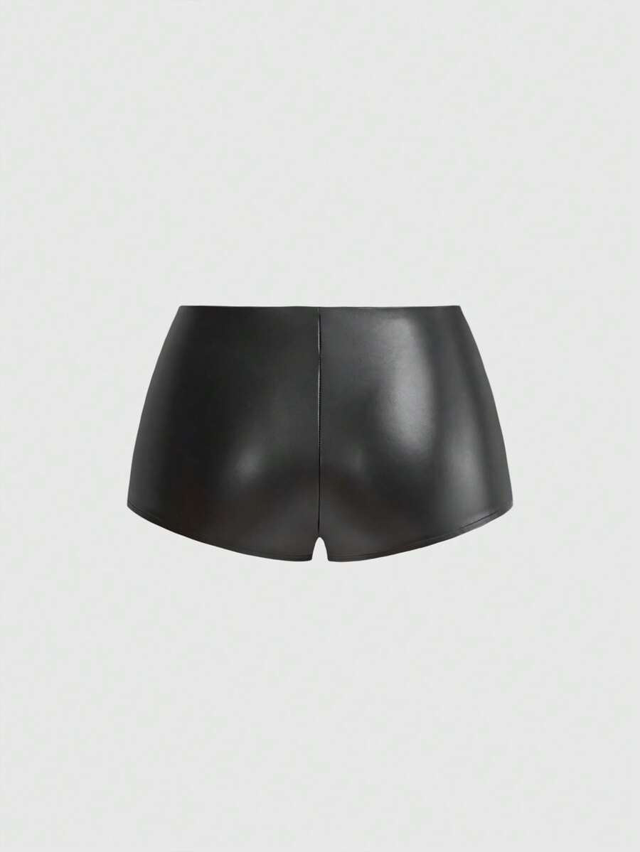 Punk ultra low waist skinny PU mini shorts with flame embroidery, rhinestone details, zipper fly closure, and a graphic Halloween-inspired festival style.