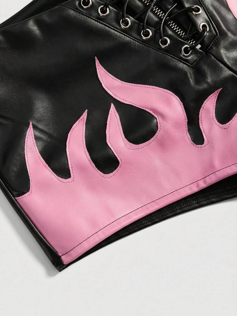 Punk ultra low waist skinny PU mini shorts with flame embroidery, rhinestone details, zipper fly closure, and a graphic Halloween-inspired festival style.