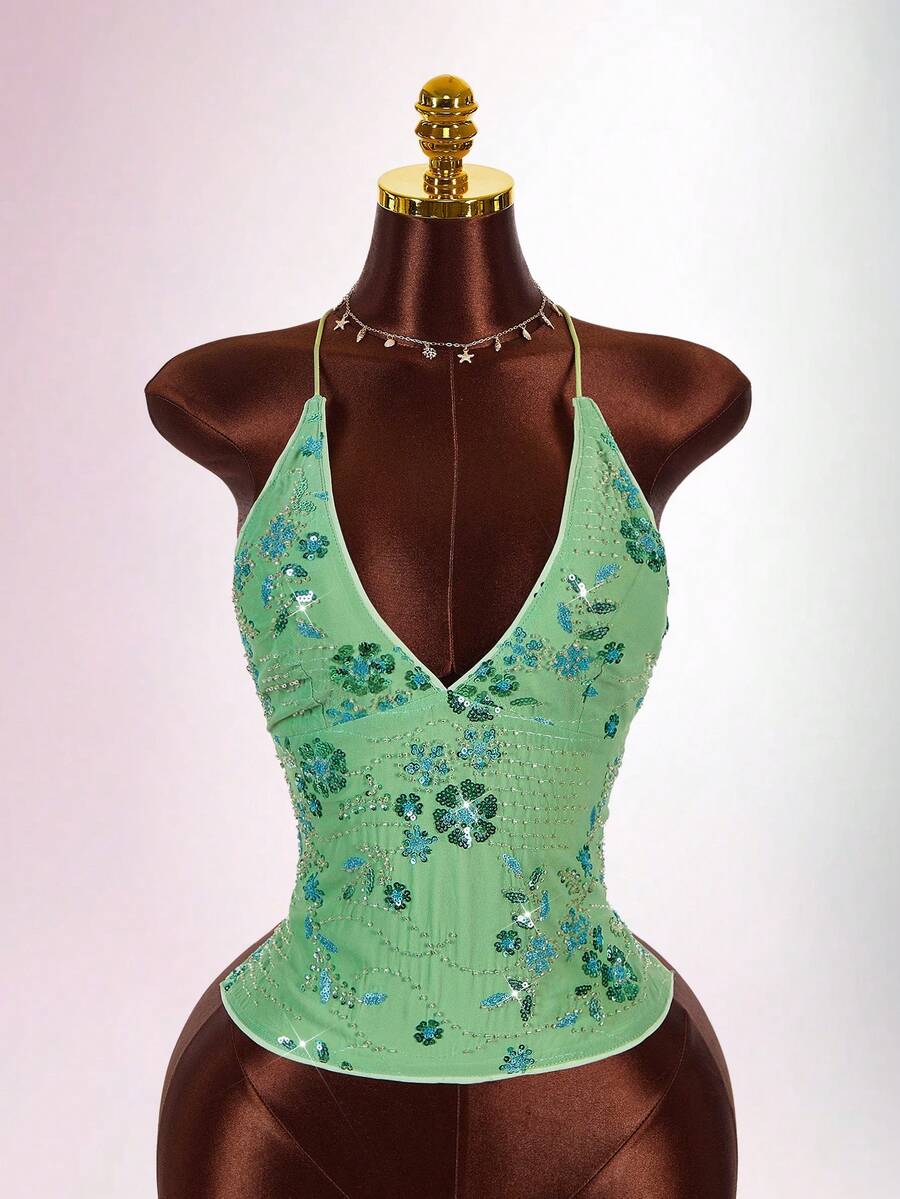 Women's embroidered sequin halter cami top featuring a deep V-neck, backless party design, and slim fit silhouette.