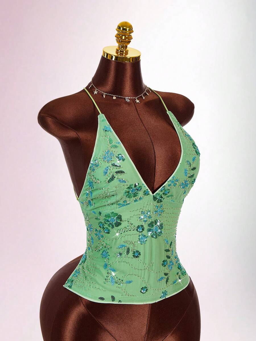 Women's embroidered sequin halter cami top featuring a deep V-neck, backless party design, and slim fit silhouette.