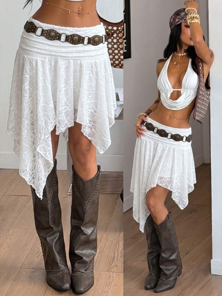 Women's floral lace mini skirt in white with asymmetrical ruffle trim and low waist design.