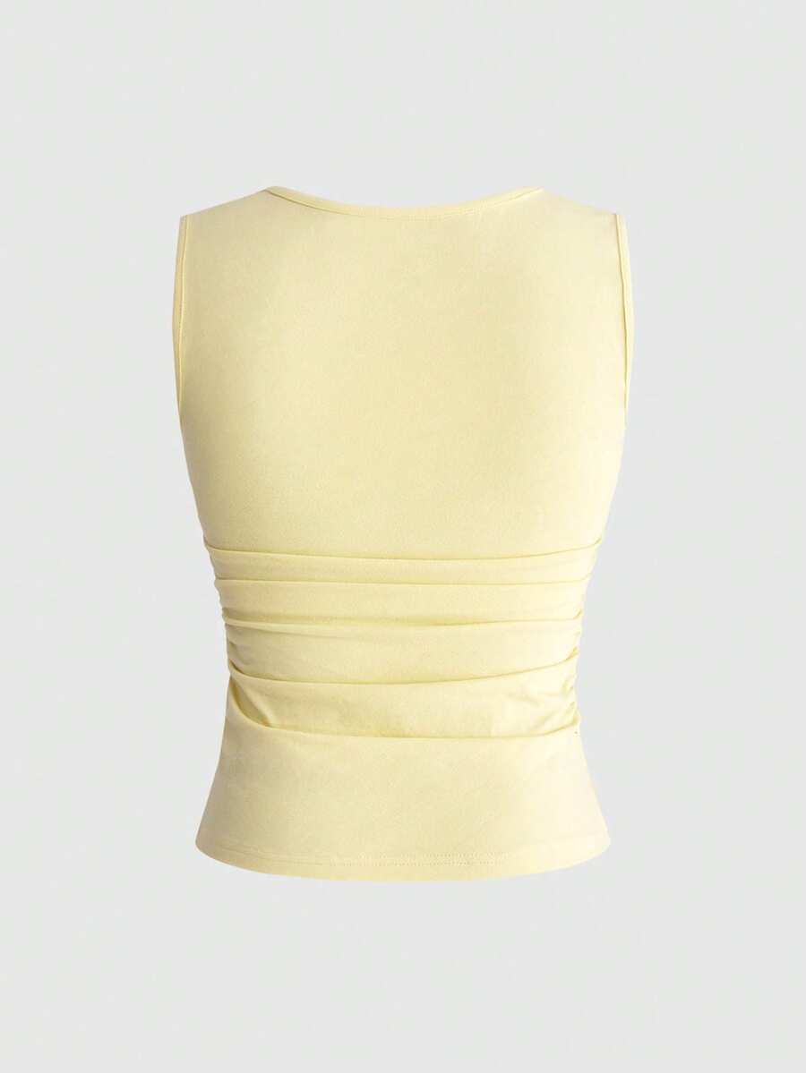 Fitted women's ruched tank top in stretch cotton knit featuring a square neckline and letter print pattern.