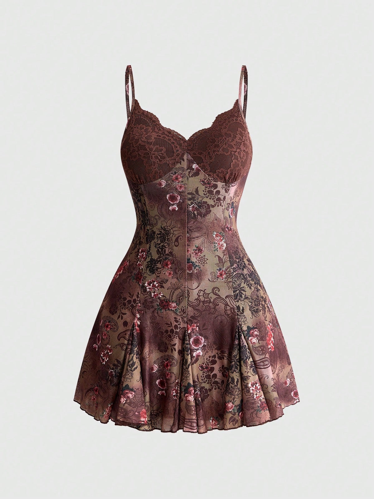 Women's Halloween boho gothic cami mini dress with spaghetti straps, contrast lace, pleated details, split design, high waist, and flared hem.