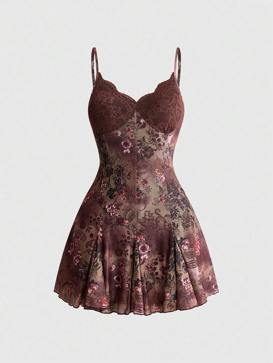 Women's Halloween boho gothic cami mini dress with spaghetti straps, contrast lace, pleated details, split design, high waist, and flared hem.