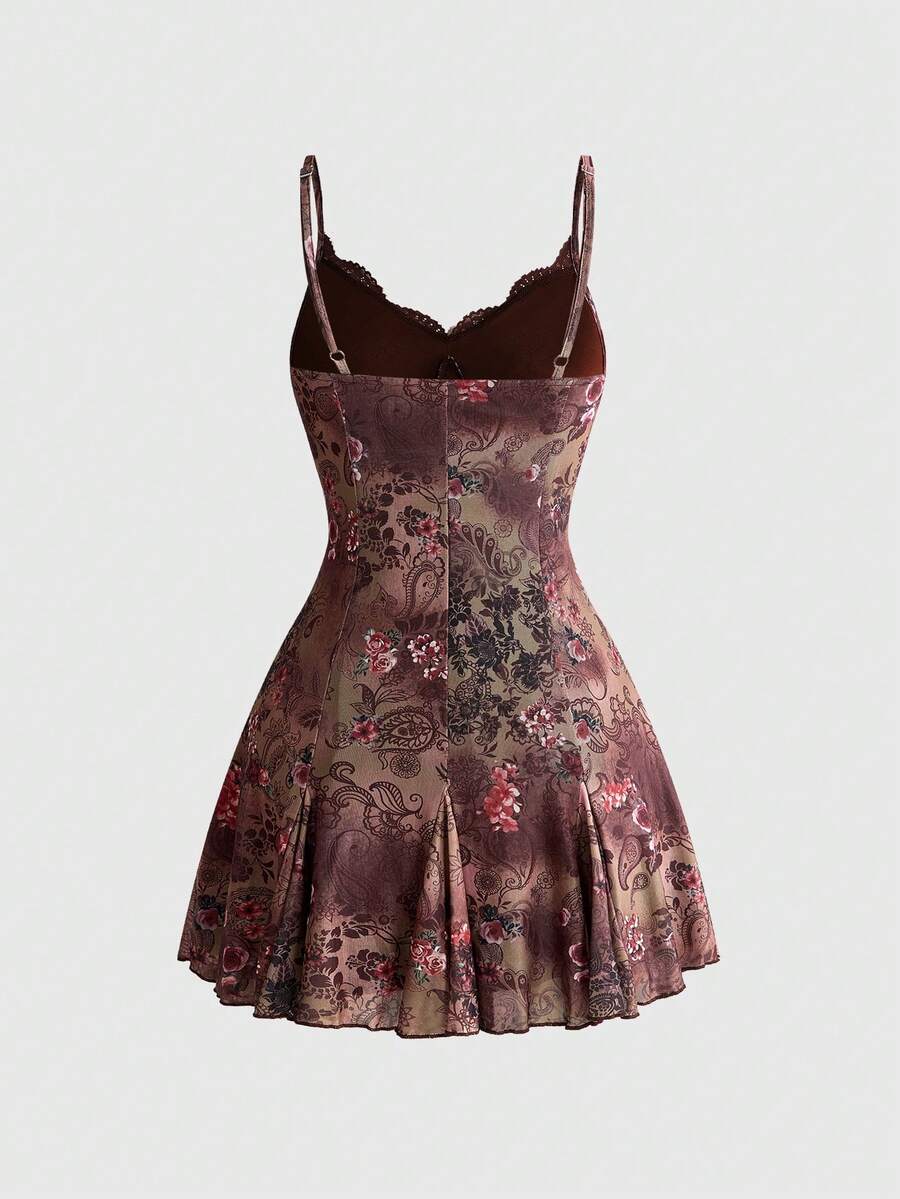 Women's Halloween boho gothic cami mini dress with spaghetti straps, contrast lace, pleated details, split design, high waist, and flared hem.