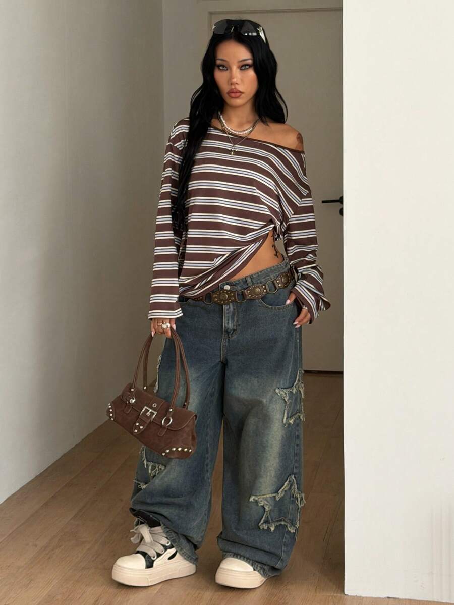 Women's brown striped boat neck long sleeve raglan T-shirt with a loose casual fit
