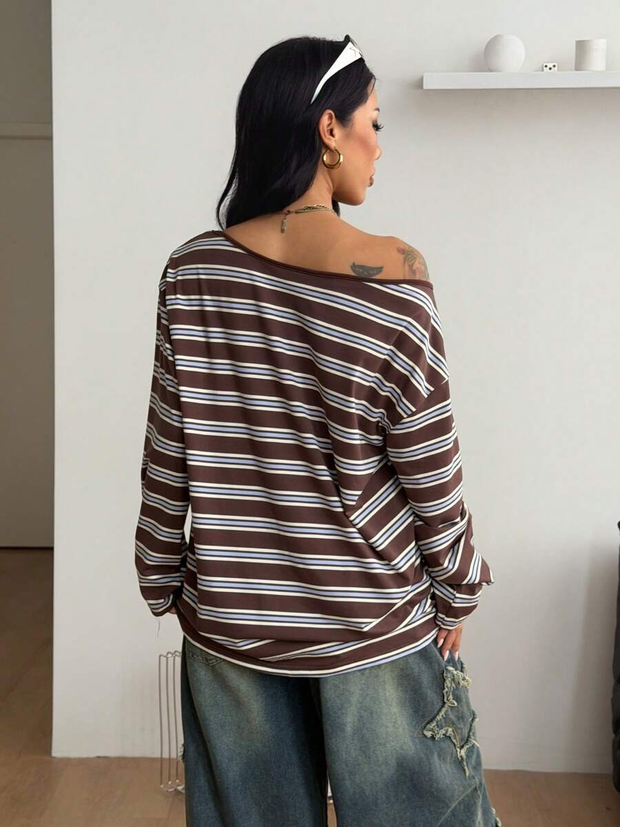 Women's brown striped boat neck long sleeve raglan T-shirt with a loose casual fit