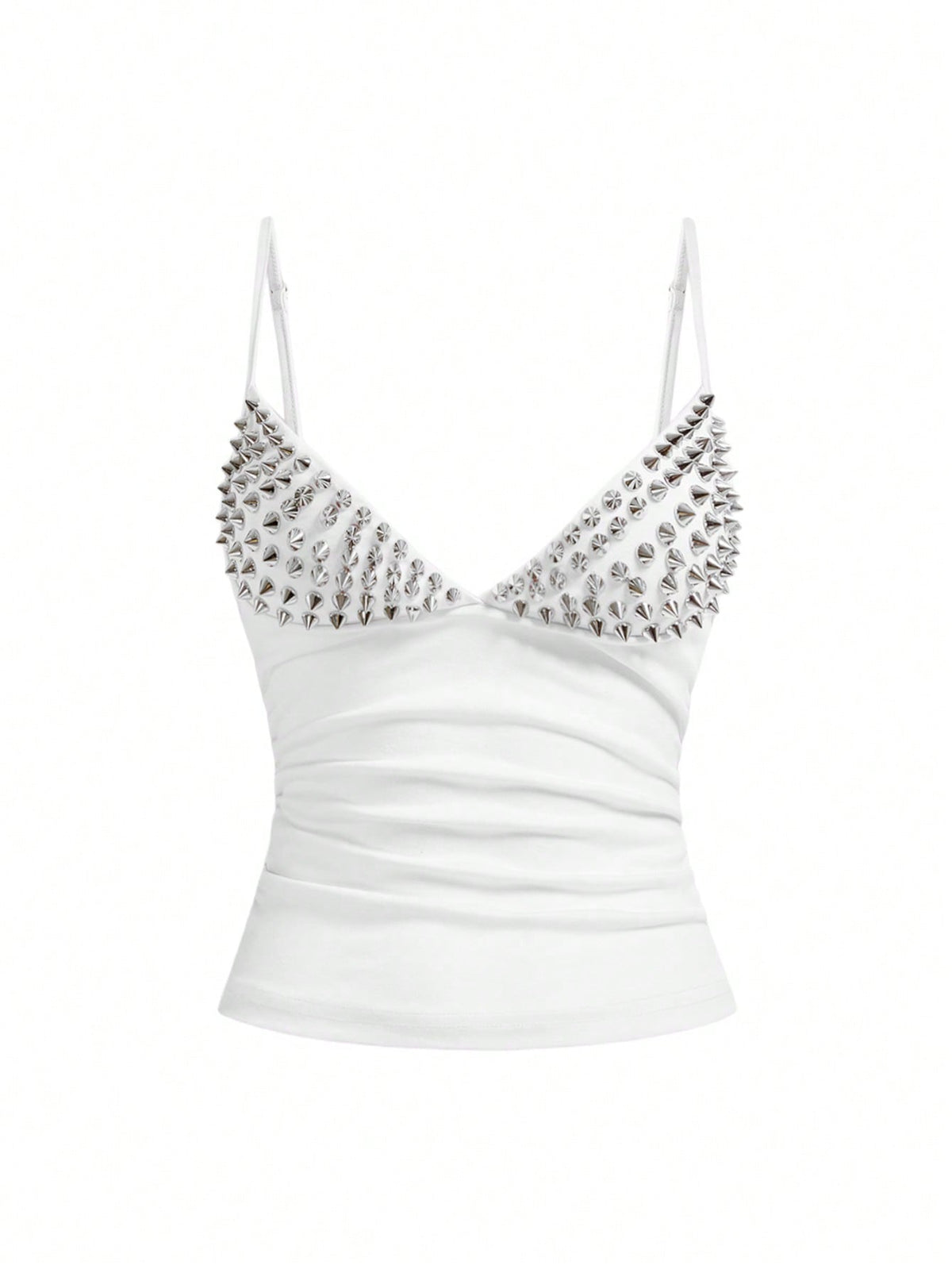 Women's slim fit sleeveless crop top featuring spaghetti straps, ruched detailing, and studded rhinestone accents.