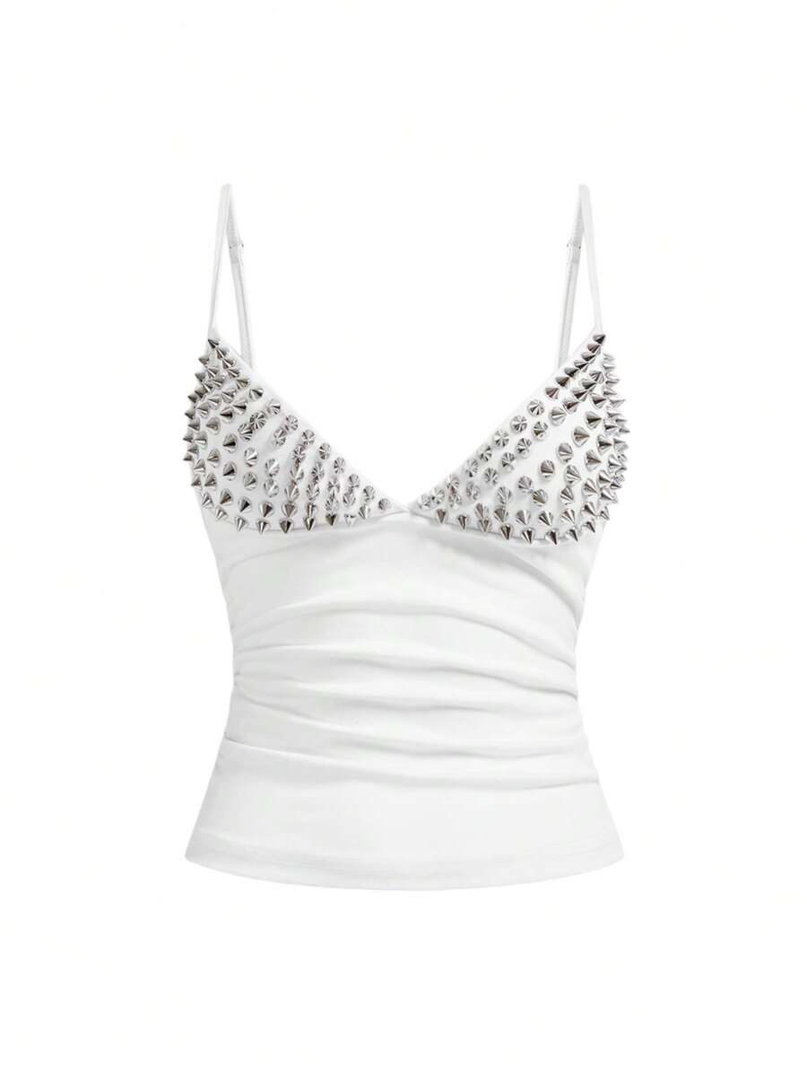 Women's slim fit sleeveless crop top featuring spaghetti straps, ruched detailing, and studded rhinestone accents.