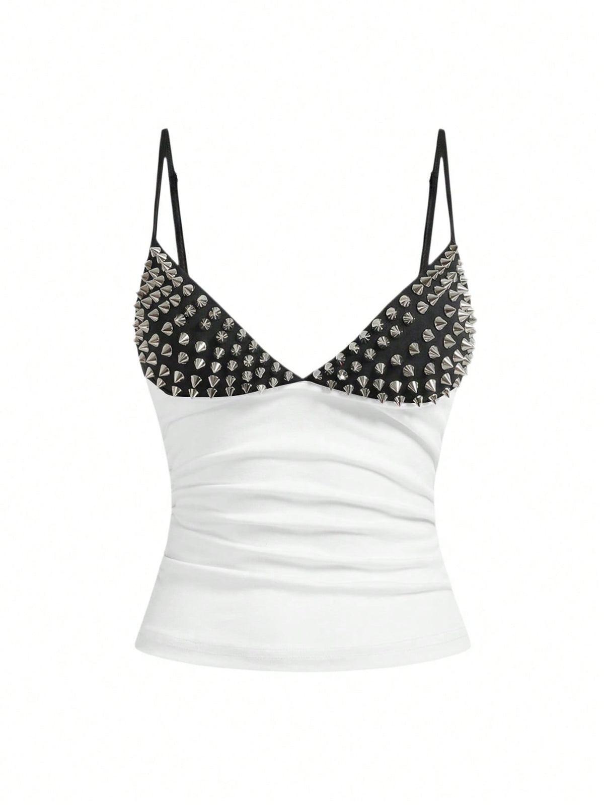 Women's slim fit sleeveless crop top featuring spaghetti straps, ruched detailing, and studded rhinestone accents.