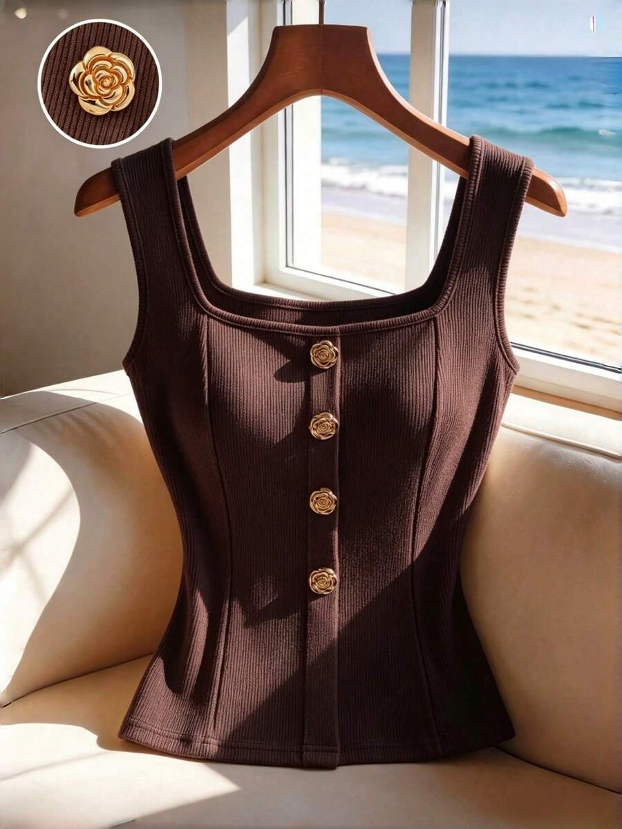 Women's slim fit square neck sleeveless knit tank top featuring a front faux placket with decorative gold metal buttons.