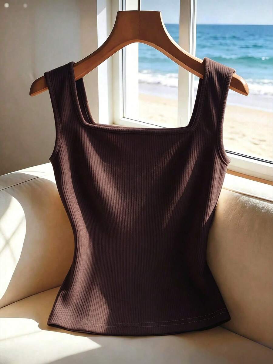 Women's slim fit square neck sleeveless knit tank top featuring a front faux placket with decorative gold metal buttons.