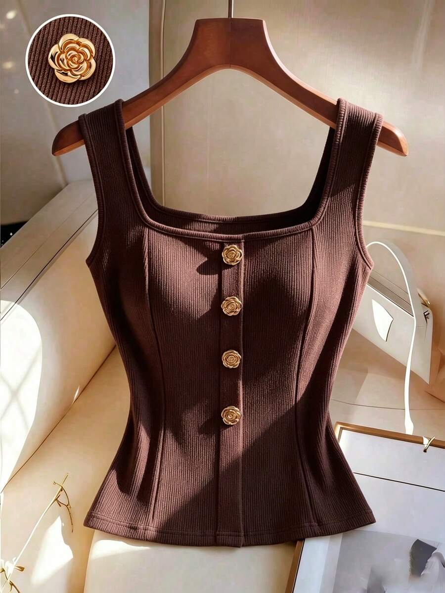 Women's slim fit square neck sleeveless knit tank top featuring a front faux placket with decorative gold metal buttons.